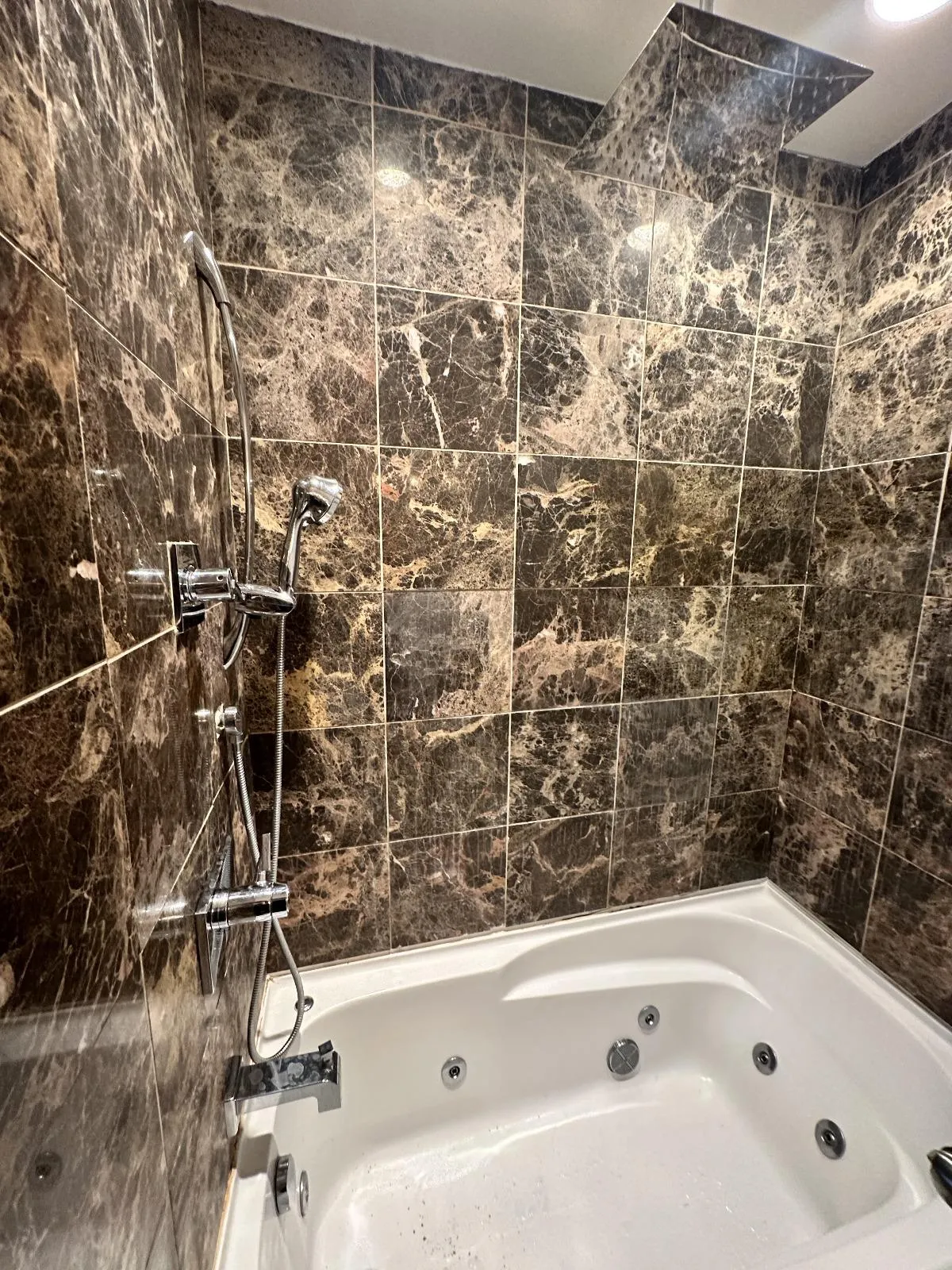 Main bathroom before renovation with dark marble tile and jetted tub