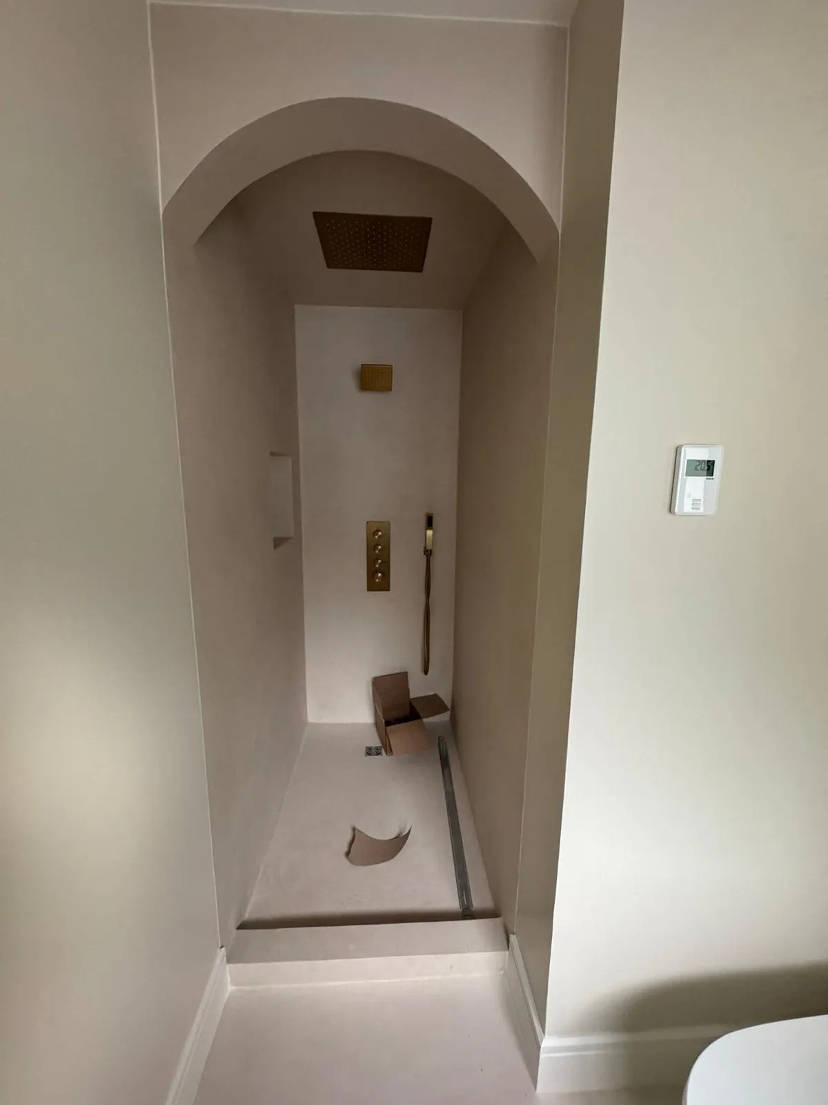 Renovated ensuite with arched walk-in shower and brass rainfall showerhead